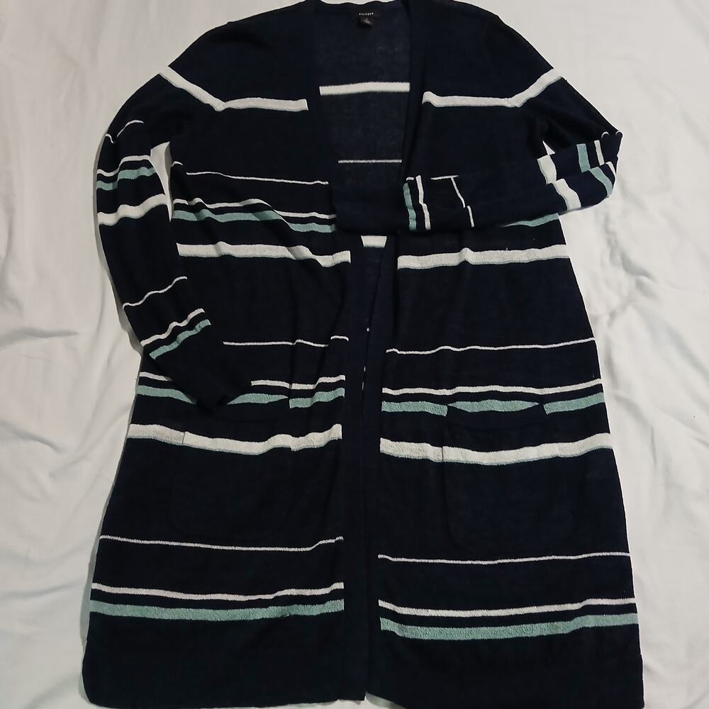 Halogen medium long-sleeved long cardigan black white stripe LINEN blend